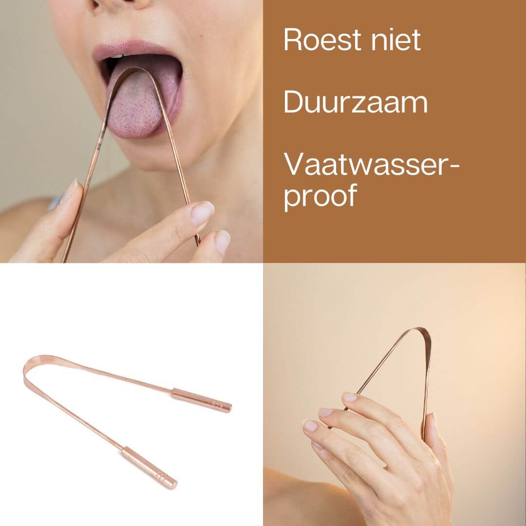 De tongschraper in de hand met de voordelen van een tongschraper