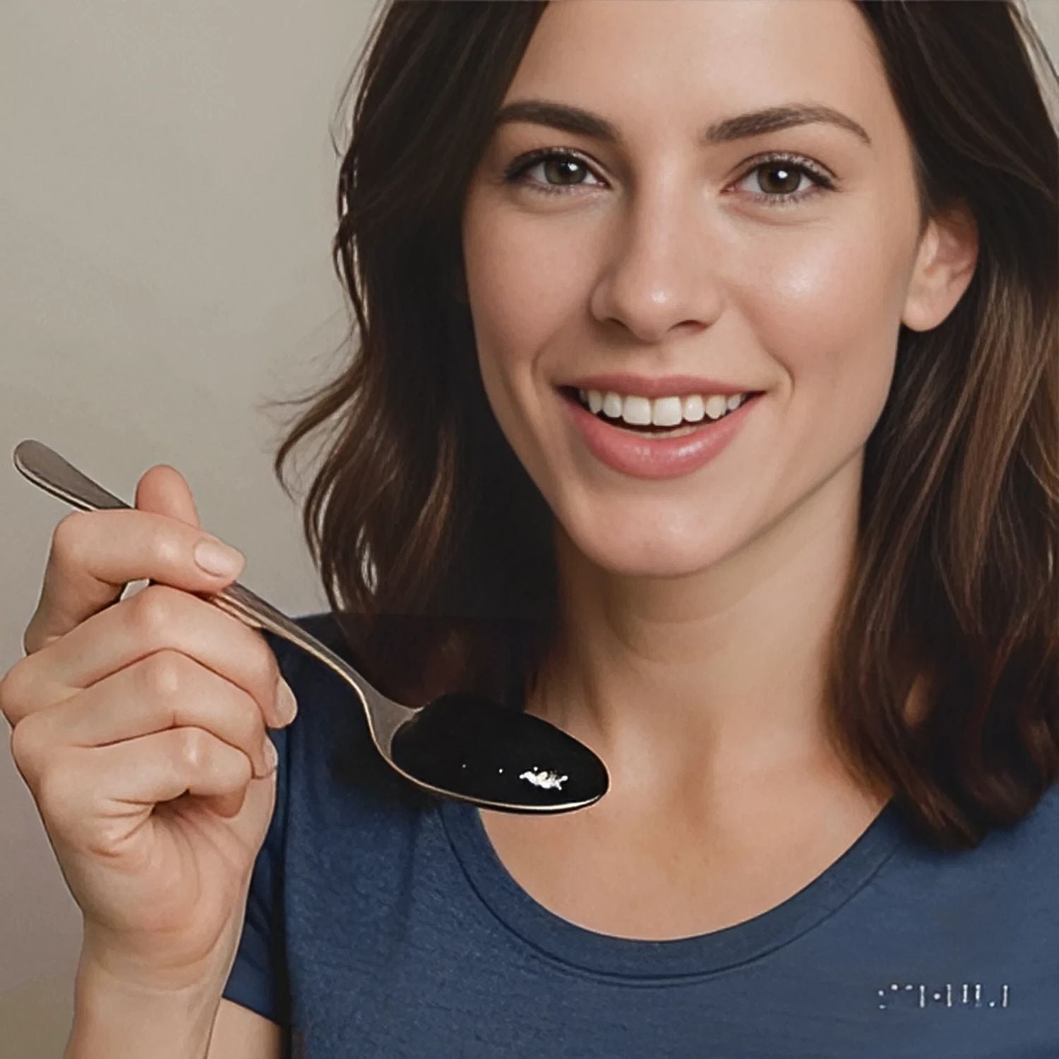 Vrouw neemt een lepel natuurlijk brain supplement voor meer focus en concentratie