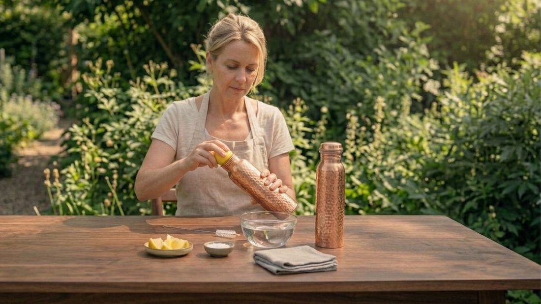 Vrouw maakt koperen drinkfles schoon